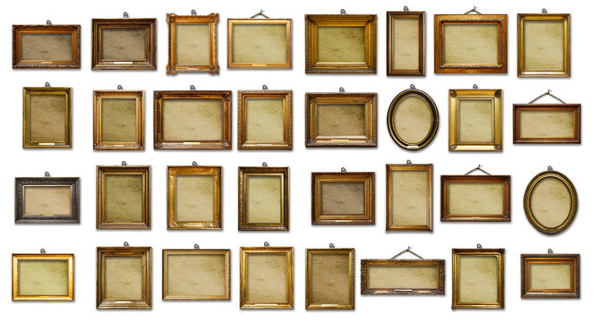 Fototapeta Set of three vintage golden baroque wooden frames on  isolated background