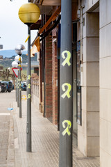 Yellow ribbons in a typical village in Catalonia, asking for freedom for political prisoners, independence of Catalonia, Spain