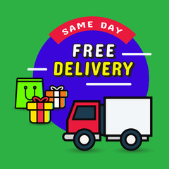 Truck delivery banner, same day delivery. Vector Illustration 