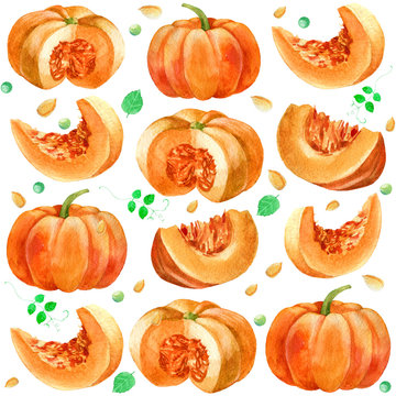 Watercolor illustration, pattern. Image of pumpkin, pea leaves.