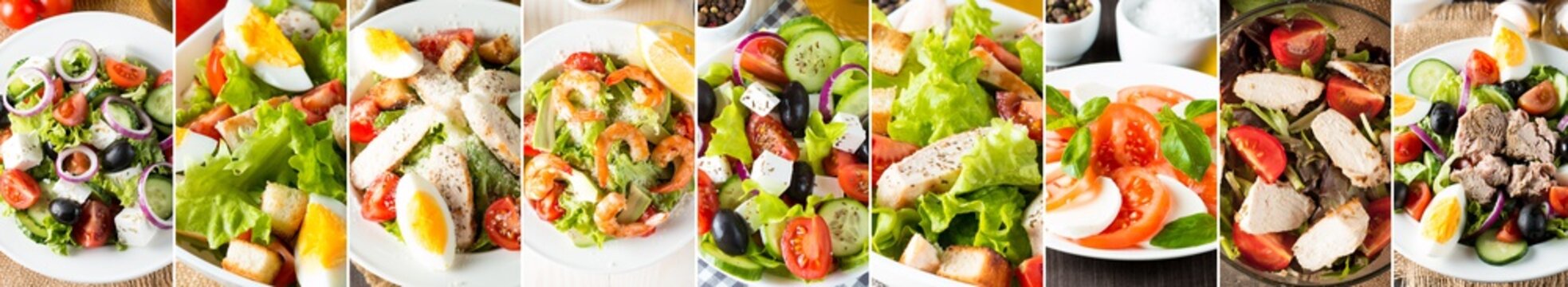 Photo of collage of fresh salads. Healthy food concept. Diet food. Greek, Caesar, shrimp, caprese salad.