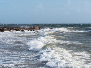 Powerful waves at Salthill, Galway city, Ireland, Atlantic ocean, Galway bay.