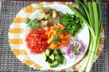 Red onion with green onion mix salad for soup sambhar dal curry cooking
