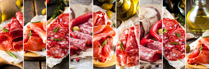 Photo collage of Italian food. Mediterranean cuisine concept. Cured meat. Prosciutto, jamon, salami, chorizo in banner shape. 