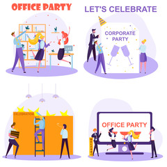 employees celebrate together a holiday, fun pastime in the office, friendly team having fun, vector image, colorful illustration with characters