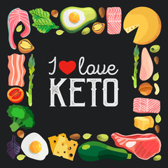 Naklejka premium Square frame with ketogenic diet products isolated on a black background. Vector illustration of keto food.