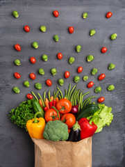 Healthy eating ingredients: fresh vegetables, fruits and superfood. Nutrition, diet, vegan food concept