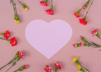 Fototapeta na wymiar Heart shaped carnation flowers frame