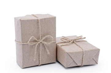 Boxes wrapped in wrapping paper on a white background