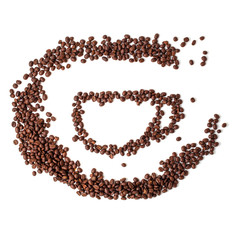 Roasted coffee beans isolated over white background, top view