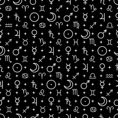Astrological seamless pattern with planets symbols isolated on black