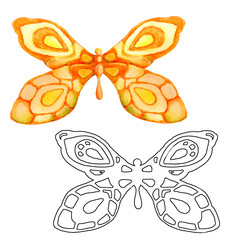 Drawing with watercolor and pencil with the image of a butterfly and its outline, for the design of cards, invitations, greetings, backgrounds, prints