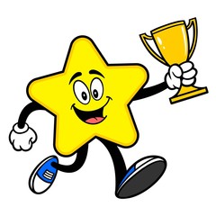 Star Mascot running with a Trophy - A cartoon illustration of a cute Star mascot.