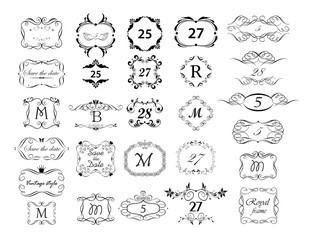 Vintage page ruler, dividers, title and headers vector set. Black and white retro design