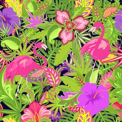 Beautiful Hawaiian wallpaper with exotic flowers, hibiscus and lily, tropical and palm leaves and flamingos
