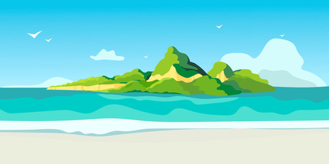 Fototapeta na wymiar A beautiful view on a tropic isle from a beach with white sand. Creative banner, flyer, blog post, card or landing page for a travel agency or tour operator. Summer theme background or wallpaper.