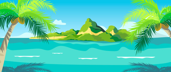 Fototapeta na wymiar A beautiful view on a tropic isle from a beach with palm trees. Creative banner, flyer, blog post, card or landing page for a travel agency or tour operator. Summer theme background or wallpaper.