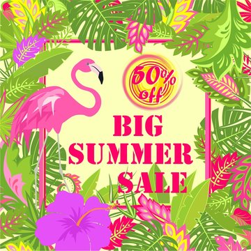 Offer for hot summer sale with tropical leaves, exotic flowers and flamingo