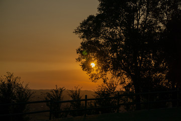 Gussago, Italy - August/ 28/ 2018 - Sunset in the forest