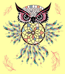 Traditional tattoo owl hold dream catcher symbol