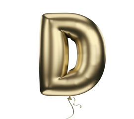 Gold material textured letter D. Made of an inflatable balloon on a white background. Isolated, 3d rendering	