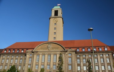 Evening close-up view of the famous Town Hall Spandau (Rathaus Spandau) in beautiful golden light on August 9, 2015, Berlin, Germany