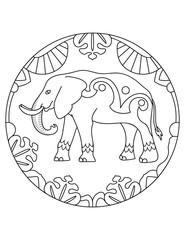 Pattern with elephant. Illustration with an elephant. Mandala with an animal. Elephant in a circular frame. Coloring page for kids and adults.