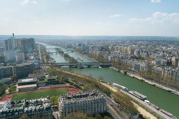 Aerial panoramic view of Paris cityscape with Seine river, Bir Hakeim bridge, island of Swans