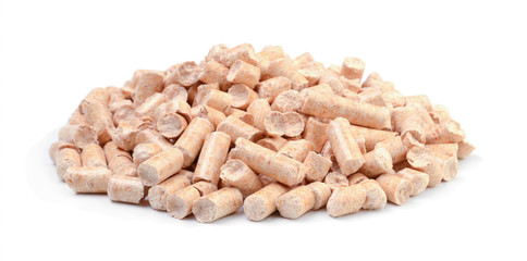 Pile of wooden pellets isolated on white