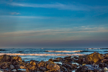 Seascape of the Hawk Beach at Cape Sable Island at sunset.