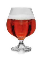 glass with dark beer on a white background with reflection