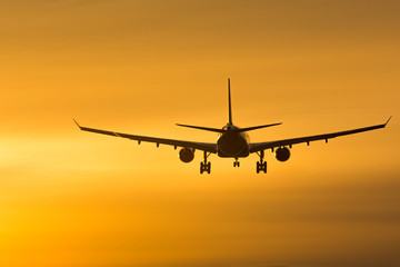 Airplane landing to airport in sunset