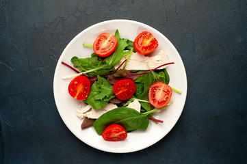 Mix fresh leaves of arugula, lettuce, spinach, tomato and chicken fillet for salad, on a white plate against a stone