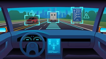 Foto op Plexiglas Toekomstige autonoom voertuig. Driverless auto-interieur futuristische autonome stuurautomaat sensor systeem gps weg, cartoon vector concept © YummyBuum