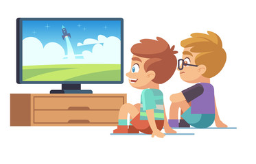 Kids watch tv. Children movie home boy girl watches tv set displaying picture screen character electric monitor cartoon vector concept