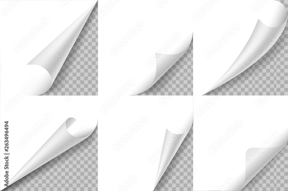 Aufkleber curled corners set. paper page curl corner, flip turn fold sheet. sticker curly angle, bent border n