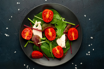 Mix fresh leaves of arugula, lettuce, spinach, tomatoes and chicken fillet for salad, on a dark plate against a background of concrete