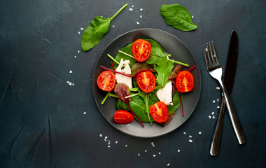 Mix fresh leaves of arugula, lettuce, spinach, tomatoes and chicken fillet for salad, on a dark plate against a background of concrete