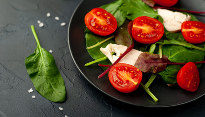 Mix fresh leaves of arugula, lettuce, spinach, tomatoes and chicken fillet for salad, on a dark plate against a background of concrete