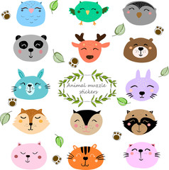 Stickers with cute animal muzzles. Wild animals portrait set with flat design. Vector illustration