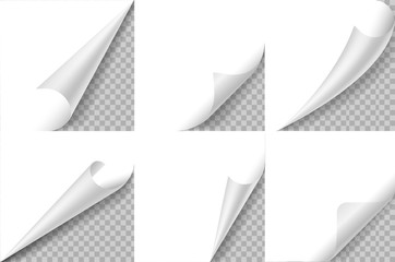 Curled corners set. Paper page curl corner, flip turn fold sheet. Sticker curly angle, bent border notepad. Realistic vector design