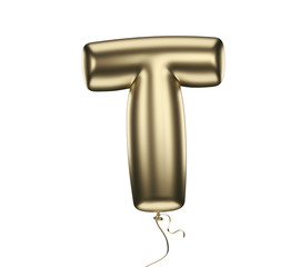 Gold material textured letter t. Made of an inflatable balloon on a white background. Isolated, 3d rendering	