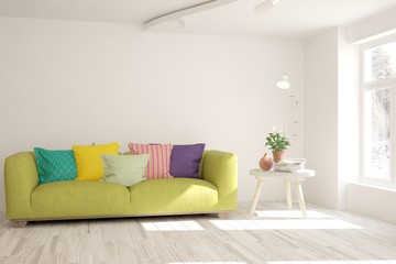 Stylish room in white color with sofa. Scandinavian interior design. 3D illustration