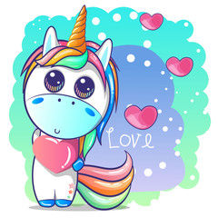 Obraz na płótnie Canvas Cute cartoon unicorn with heart. Can be used for baby t-shirt print, fashion print design, kids wear, baby shower celebration greeting and invitation card. - Vector