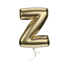 Gold material textured letter Z. Made of an inflatable balloon on a white background. Isolated, 3d rendering	