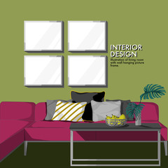 interior living room green wall hanging picture frame with red sofa vector background.