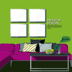 interior living room green wall hanging picture frame with red sofa vector background.