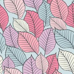 Seamless vector floral pattern with abstract tree leaves in pastel pink and blue colors. Colorful endless background in retro style
