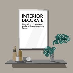 Grey wall decorate with shelf and frame vector.