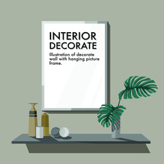 Grey wall decorate with shelf and frame vector.